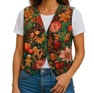 🎄 Vintage Festive Holiday Fall Crop Vest with Birds and Flowers